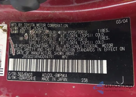 2004 Toyota Highlander from USA, damaged, VIN JTEGD21A940094791